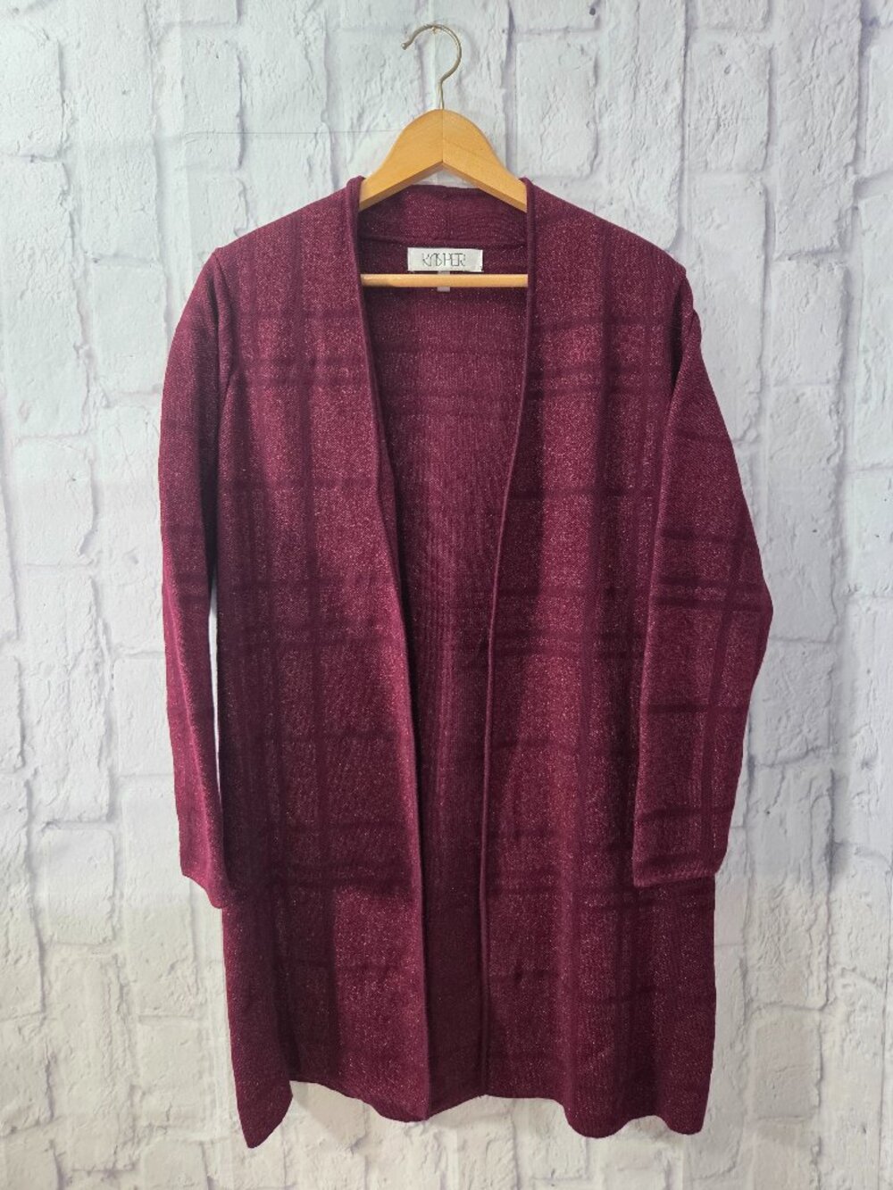 Kasper Small Metallic Burgundy Open Front Mid-Weight Longsleeve Long Cardigan